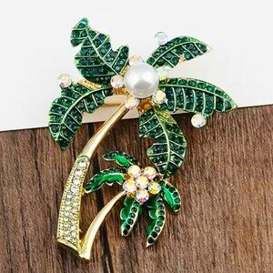 Palm Trees Brooch Rhinestone Pearl Pin Hollywood Glam Trendy Stylish Tropical